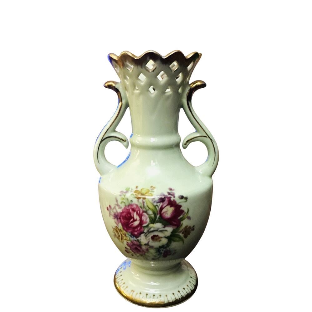 Vtg “French Bouquet” Scroll Handles Gold Guilted Urn Style MCM Flared Reticulate